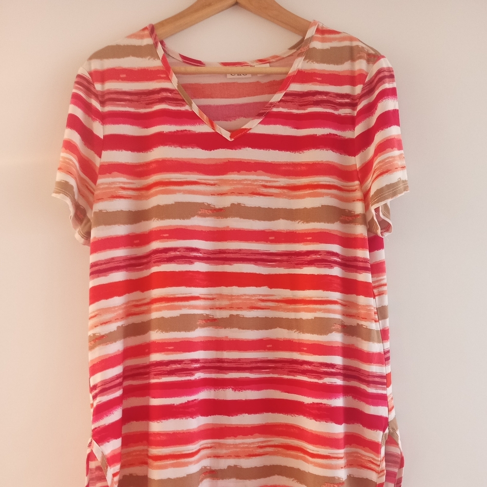 Cato Women's Size Large Vibrant Striped V-Neck Tunic Top - Pink, Orange, & Tan - Picture 4 of 7